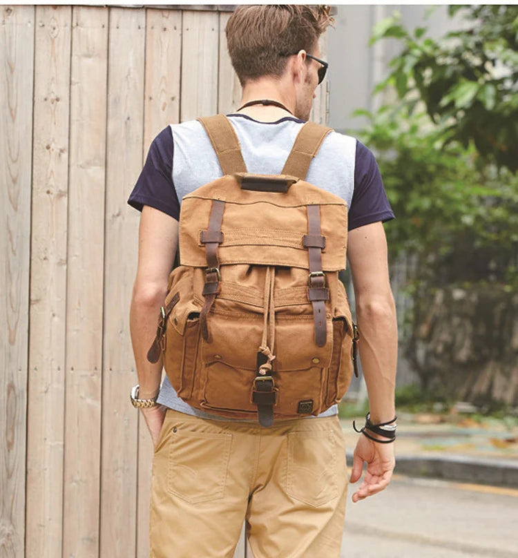 Vintage Leather Military Canvas Travel Backpacks