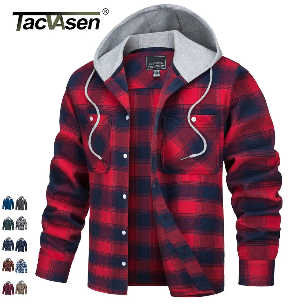 Lightweight Flannel Hooded Shirt Jackets Mens Cotton Plaid Shirts