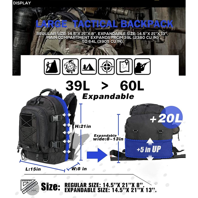 Extra Large 60L Tactical Backpack for Men/Women Outdoor Water Resistant