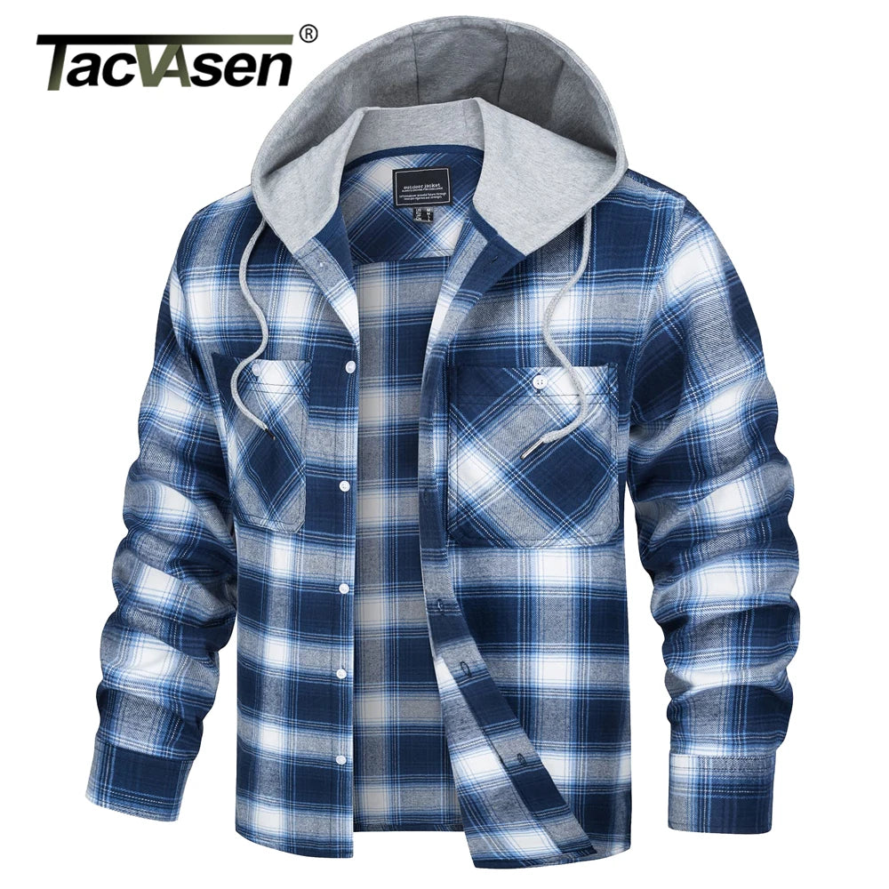 Lightweight Flannel Hooded Shirt Jackets Mens Cotton Plaid Shirts