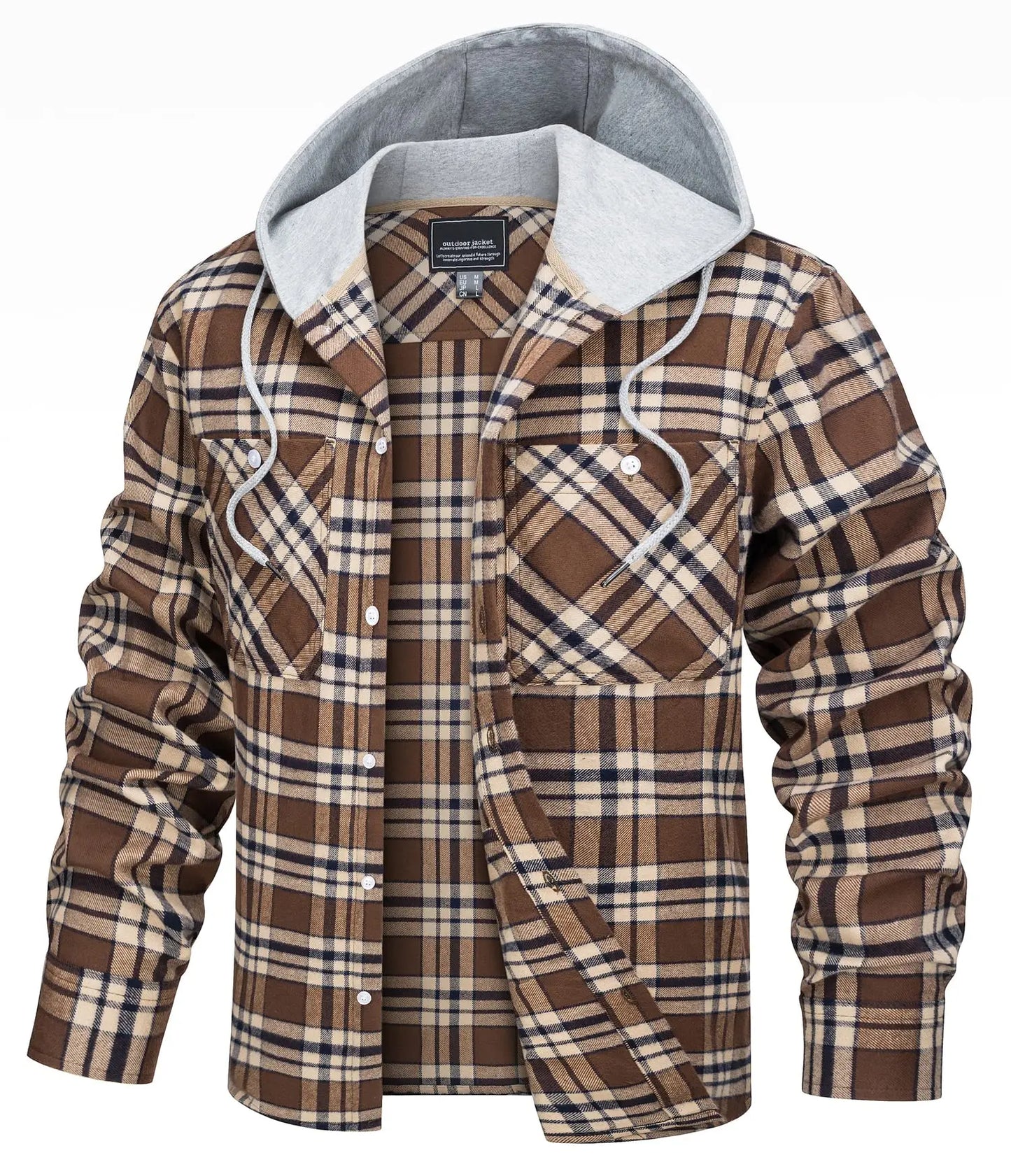 Lightweight Flannel Hooded Shirt Jackets Mens Cotton Plaid Shirts