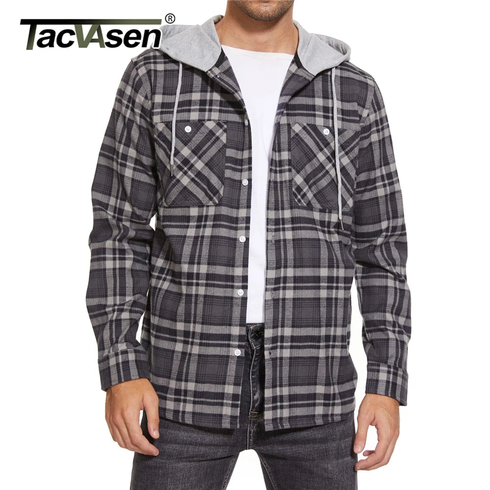 Lightweight Flannel Hooded Shirt Jackets Mens Cotton Plaid Shirts